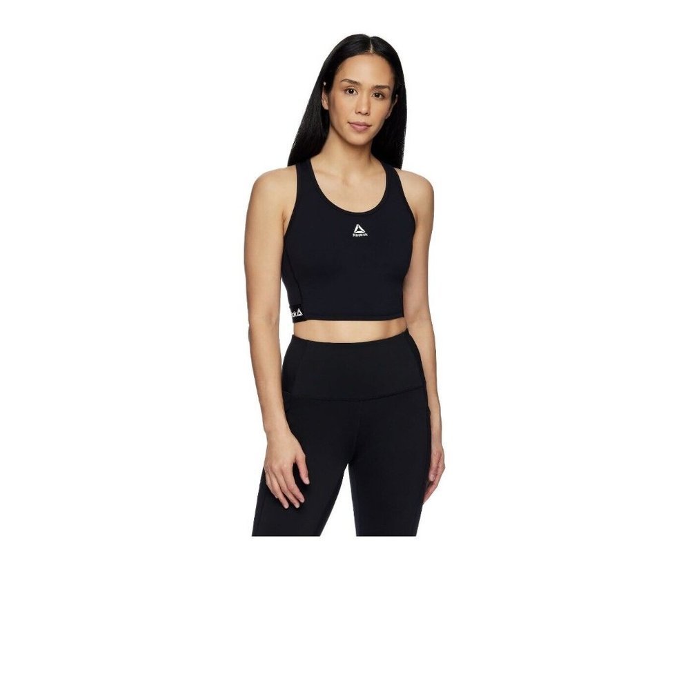 Reebok Women Revolve Medium Impact Cropped Sport Bra Tank Black Size Large New